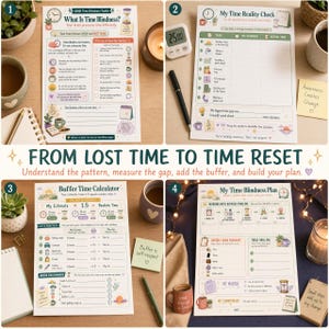 Four-panel collage showing ADHD time blindness recognition, time reality check, buffer calculator, and time plan worksheets in warm desk scenes.