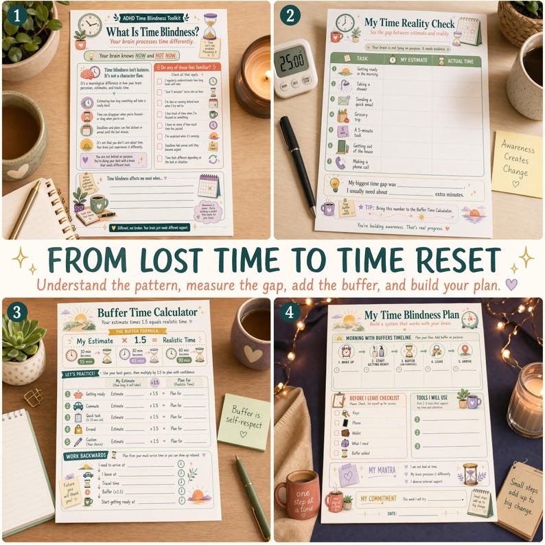 Four-panel collage showing ADHD time blindness recognition, time reality check, buffer calculator, and time plan worksheets in warm desk scenes.