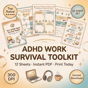 Puede incluir: Kit de supervivencia laboral para el TDAH con 12 hojas, descarga instantánea en PDF e impresión en casa. La imagen presenta un portátil, auriculares y una taza de café, junto con varios gráficos organizativos y listas de verificación. El kit es para adultos.