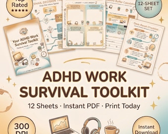 Kit de herramientas de supervivencia laboral para personas con TDAH / Planificador de carrera de 12 páginas / Productividad laboral / Imprimible / Descarga digital