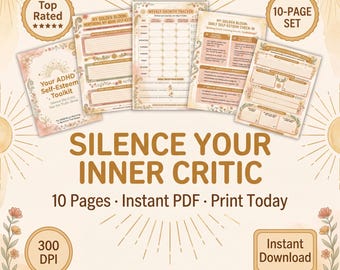 Kit de herramientas para la autoestima en personas con TDAH / Cuaderno de ejercicios de 10 páginas para la confianza / Crítico interno / Diario de autoestima / Imprimible / Descarga digital