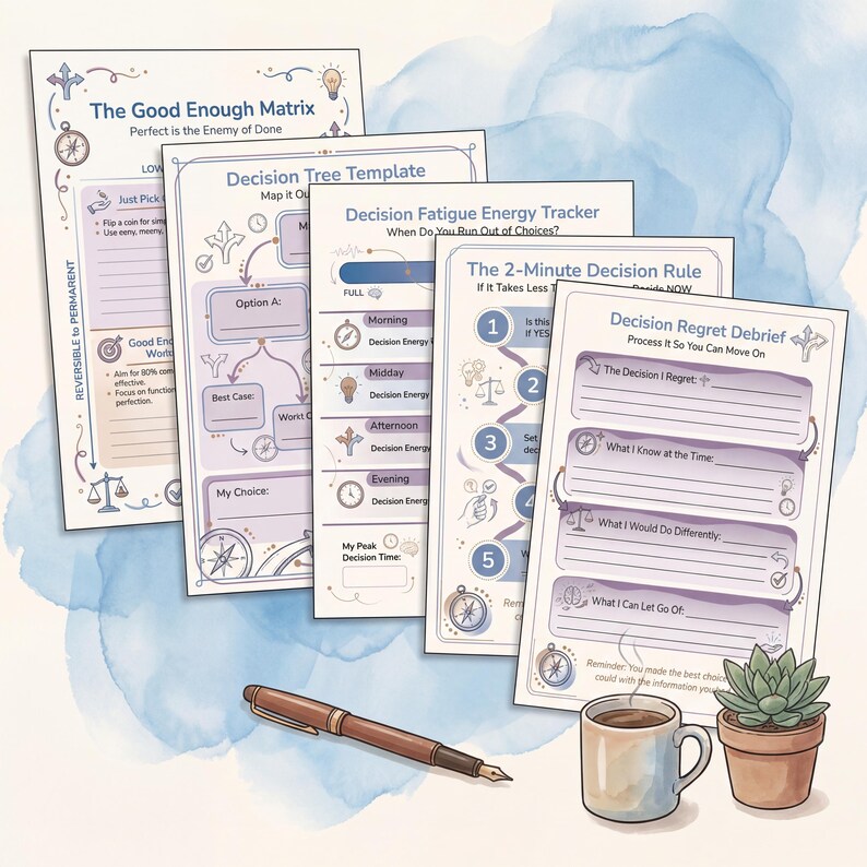 Preview of all 13 pages in ADHD Decision Fatigue Toolkit - 12-Page Choice Overload Workbook & Decision Making Planner (adhd decision making) showing your adhd decision fatigue toolkit, my decision paralysis triggers, the 2-minute decision rule, m...