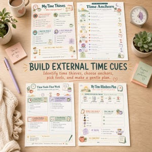 Warm desk spread showing Time Thieves, Time Anchors, Time Tools That Work, and My Time Blindness Plan worksheets with plants, timer, mug, and sticky notes.
