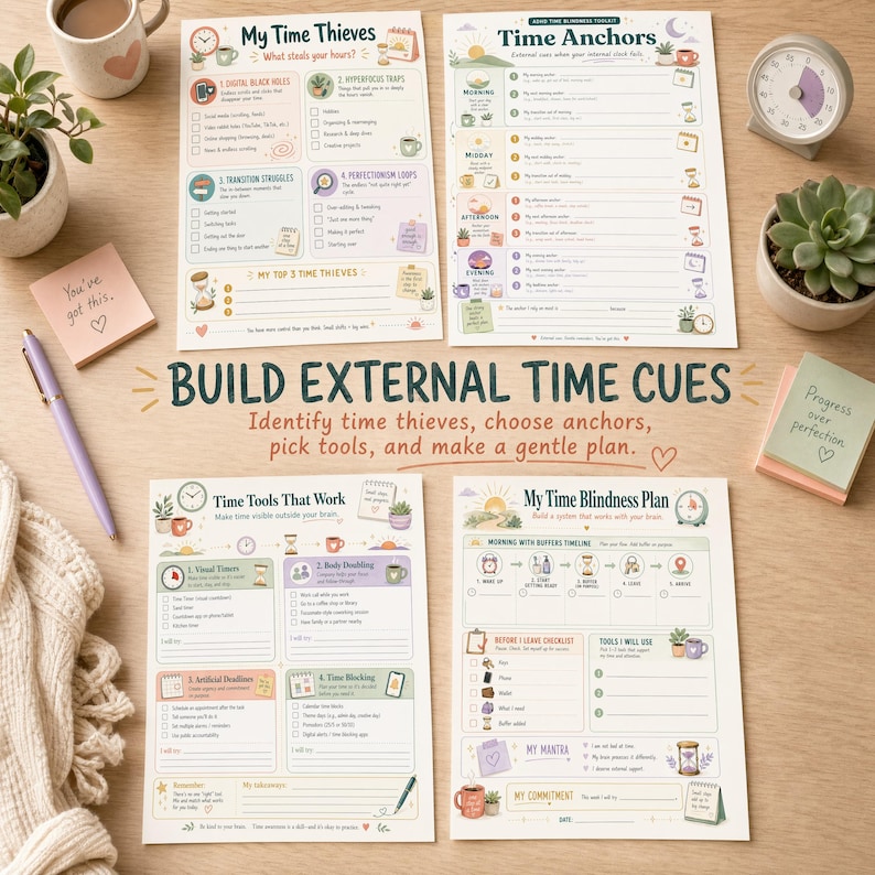 Warm desk spread showing Time Thieves, Time Anchors, Time Tools That Work, and My Time Blindness Plan worksheets with plants, timer, mug, and sticky notes.
