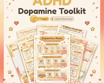 Puede incluir: Un conjunto de páginas imprimibles del kit de herramientas de dopamina para el TDAH. Las páginas incluyen un rastreador de recompensas, un contador de rachas y un menú de dopamina. La combinación de colores es principalmente beige, naranja y amarillo con estrellas y corazones decorativos.