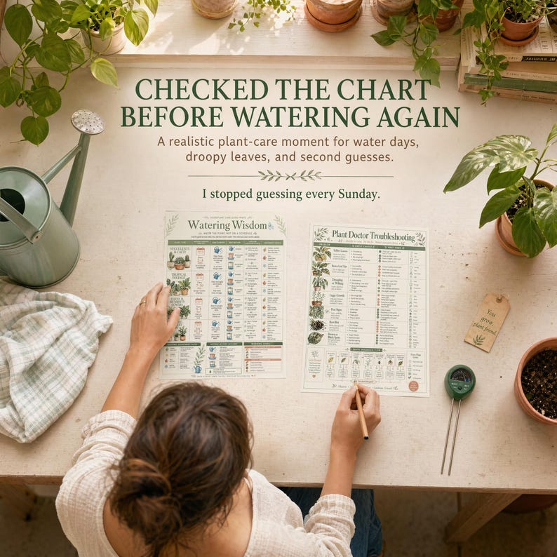 Plant care use scene showing printable chart pages on a bright worktable with hands, watering can, pencil, moisture meter, plant tag, cloth, and pothos.