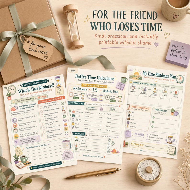 Gift-style flat lay with kraft folder, ribbon, timer, pen, and three ADHD time blindness worksheets for a friend who loses time.