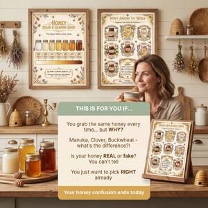 Cozy kitchen scene with honey lover consulting pairing chart while preparing cheese board, ideal for home cooks, health enthusiasts, beekeepers, and farmhouse decor lovers who want useful wall art