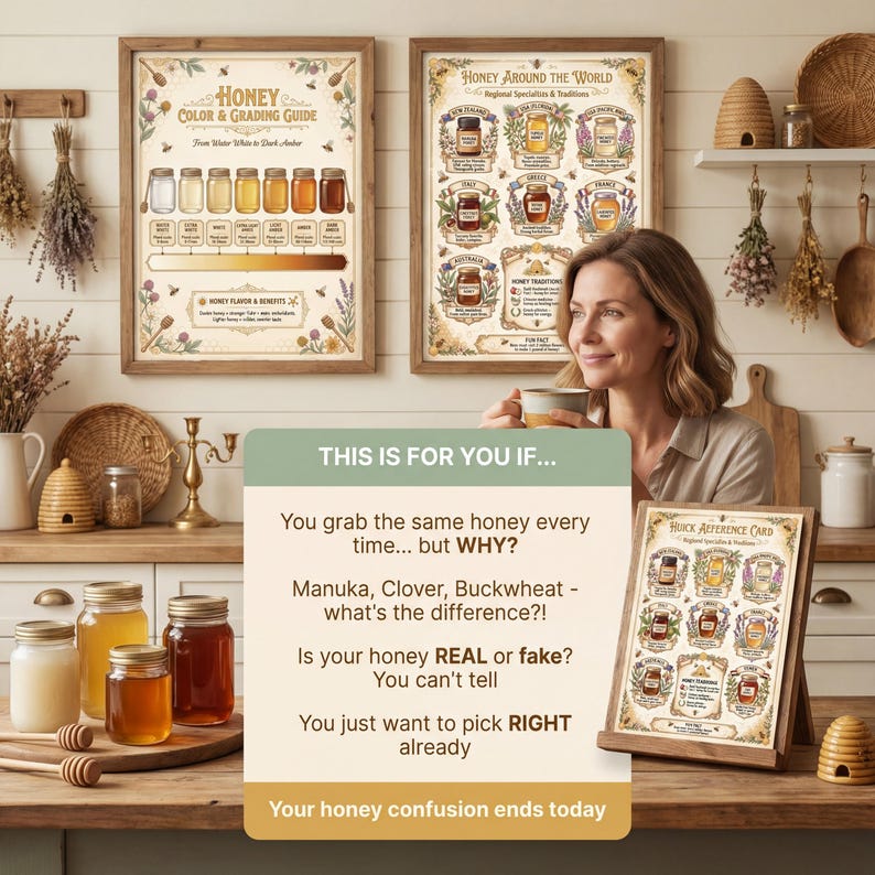 Cozy kitchen scene with honey lover consulting pairing chart while preparing cheese board, ideal for home cooks, health enthusiasts, beekeepers, and farmhouse decor lovers who want useful wall art