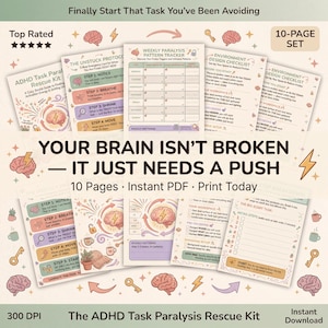 Puede incluir: Un conjunto de páginas imprimibles del kit de rescate de parálisis de tareas TDAH. Las páginas incluyen listas de verificación, rastreadores y guías con texto como "Tu cerebro no está roto, solo necesita un empujón". El diseño presenta ilustraciones de cerebros, llaves y rayos.