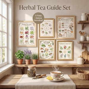 Może przedstawiać: Zestaw oprawionych przewodników po herbatach ziołowych, w tym "Herbal Tea Guide", "Brewing Basics" i "Refresh & Reset". Zestaw zawiera ilustracje botaniczne i tekst, z filiżanką herbaty i plasterkiem cytryny na drewnianym stole.