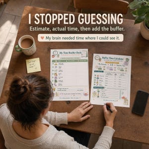 Overhead lifestyle scene of a person writing on ADHD time blindness worksheets at a kitchen table with mug, phone, sticky notes, and I STOPPED GUESSING headline.