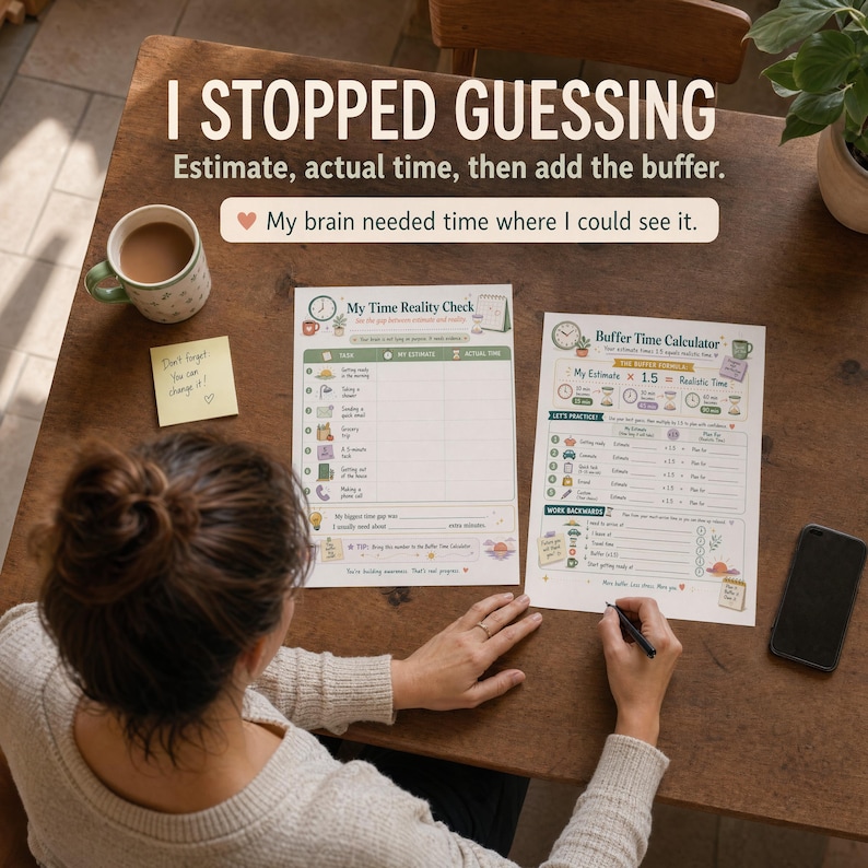 Overhead lifestyle scene of a person writing on ADHD time blindness worksheets at a kitchen table with mug, phone, sticky notes, and I STOPPED GUESSING headline.