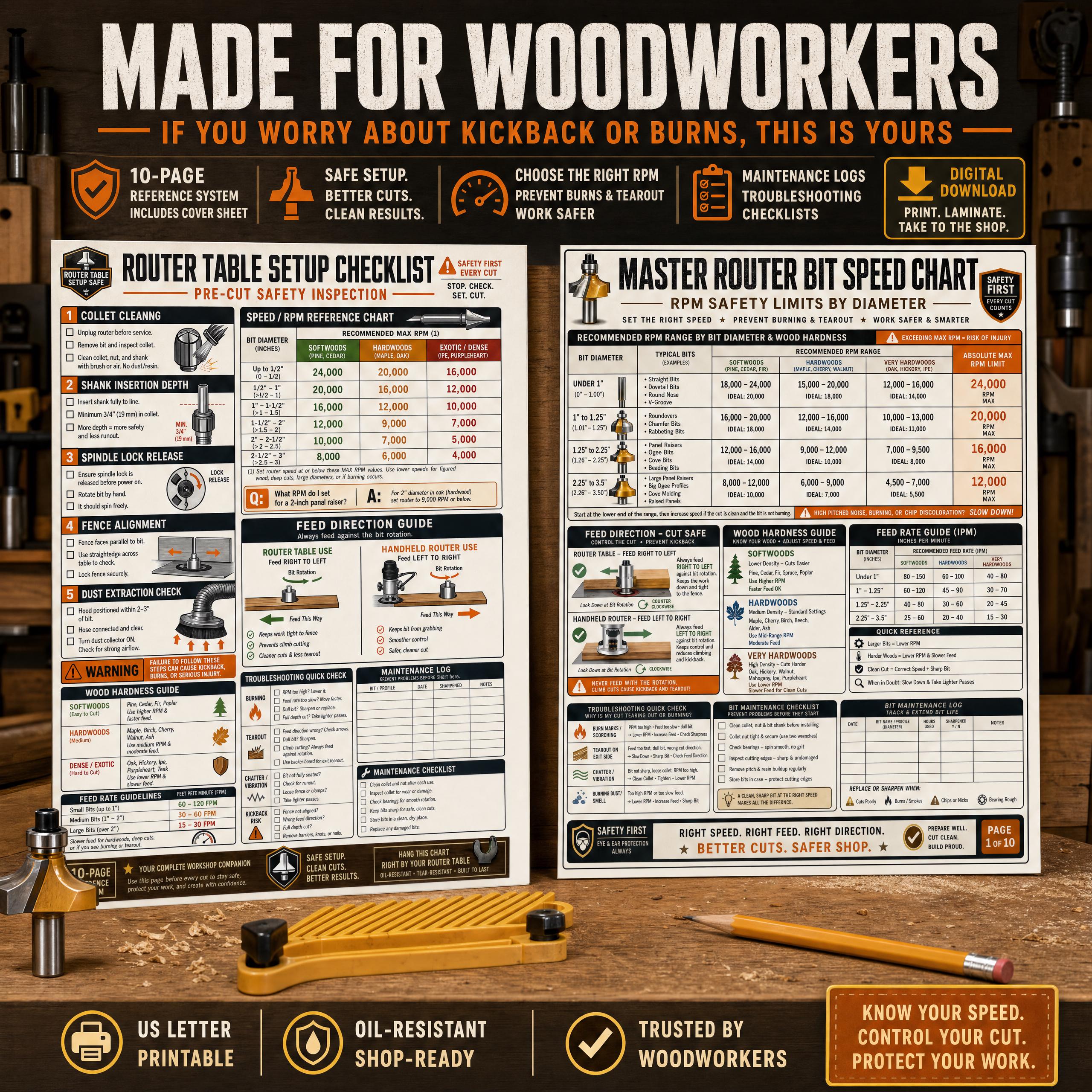 Router Bit Speed Reference Chart | Woodworking RPM Guide, Setup Checklist (PDF) - Etsy