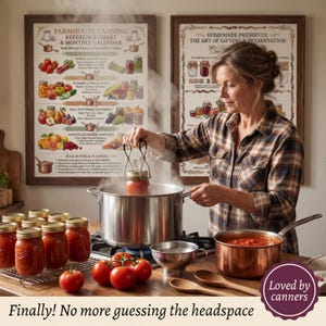 Lifestyle photo showing The Complete Home Canning & Preserving Guide - 10 Reference Charts (canning guide) displayed as a framed reference - 10-page printable reference chart