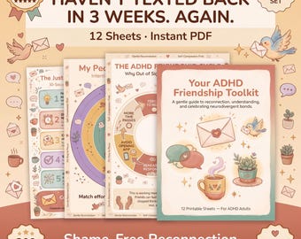 Kit de herramientas para la amistad en el TDAH / Cuaderno de trabajo de reconexión de 12 hojas / Guiones para evitar el ghosting / Sin vergüenza / Imprimible / Digital