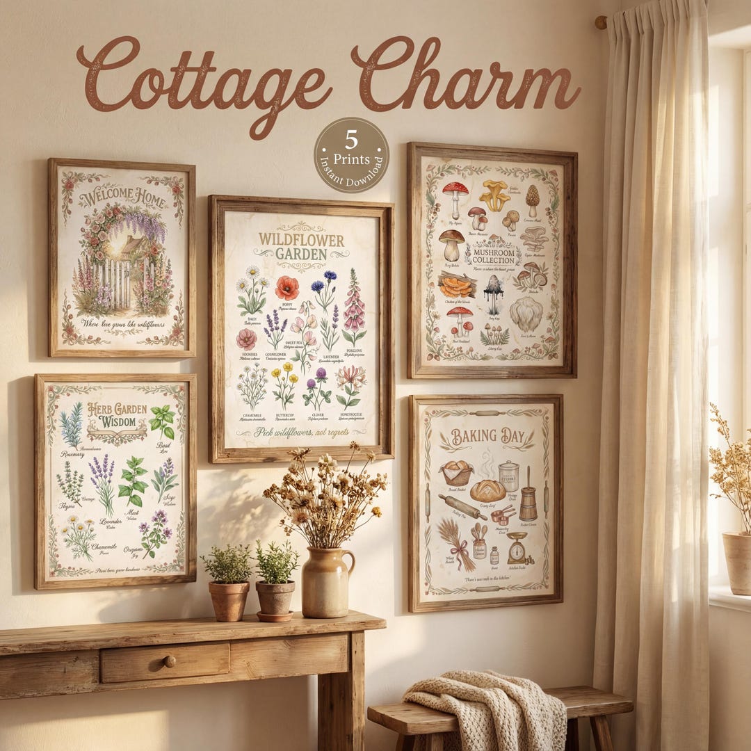 Cottagecore Wall Art | 5 Farmhouse Botanical Prints | Country Cottage ...