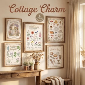 May include: A collection of framed botanical prints with a rustic aesthetic. The prints feature illustrations of wildflowers, herbs, mushrooms, and baking tools. The words "Cottage Charm" and "Welcome Home" are visible.