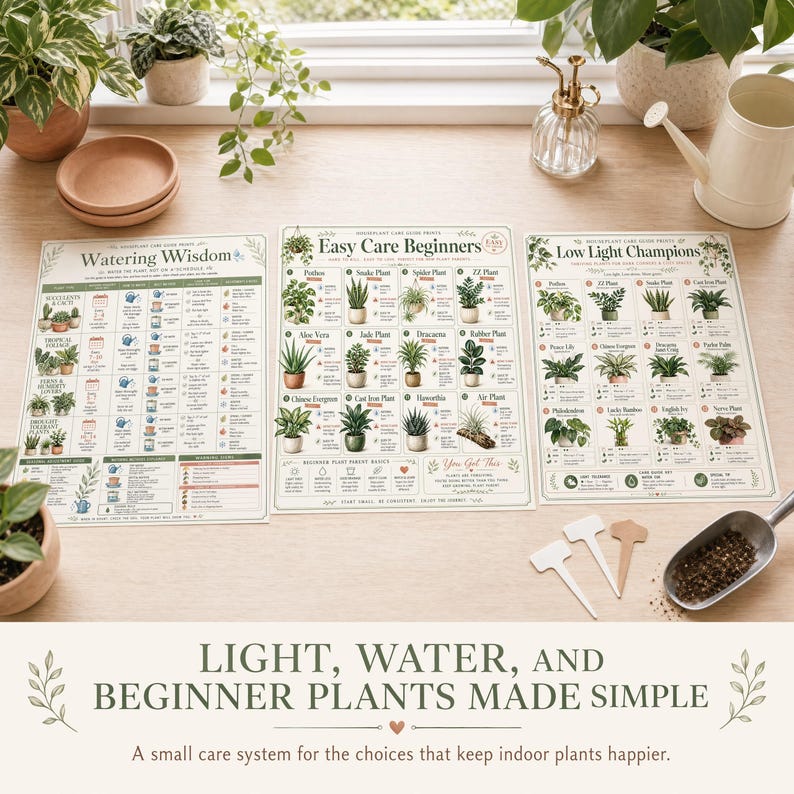 Plant care workstation scene showing low light, beginner plant, and watering wisdom chart pages with terracotta saucer, mister, plant tags, and soil scoop.