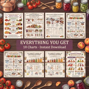 What you get: 10 pages of The Complete Home Canning & Preserving Guide - 10 Reference Charts - food preservation, canning chart, pressure canning, 300 DPI, US Letter and A4, instant PDF download