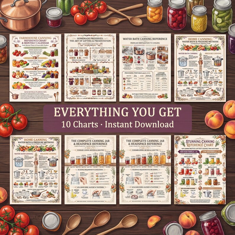 What you get: 10 pages of The Complete Home Canning & Preserving Guide - 10 Reference Charts - food preservation, canning chart, pressure canning, 300 DPI, US Letter and A4, instant PDF download