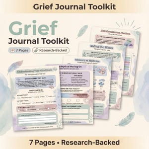 以下が含まれることがあります： 柔らかい緑色のフォントで「Grief Journal Toolkit」というタイトルのグリーフジャーナルツールキット。画像には、「Understanding Your Grief Brain」や「Self-Compassion Practice」など、テキストとイラストが描かれた7ページが表示されています。「7 Pages」と「Research-Backed」の文字も表示されています。