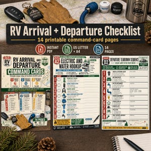 May include: RV Arrival + Departure Checklist with 14 printable command-card pages. Includes checklists for camper setup, teardown, and pre-drive checks. Features checklists for electric and water hookup, and departure teardown sequence.