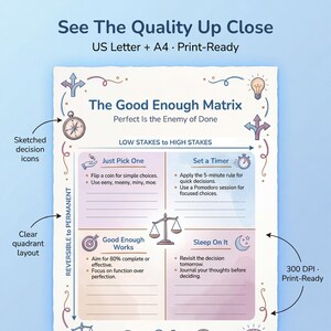 Close-up detail of ADHD Decision Fatigue Toolkit - 12-Page Choice Overload Workbook & Decision Making Planner (adhd decision making) showing Sketched decision-making motifs: crossroads/forking path icon, compass with needle, lightbulb with rays,...