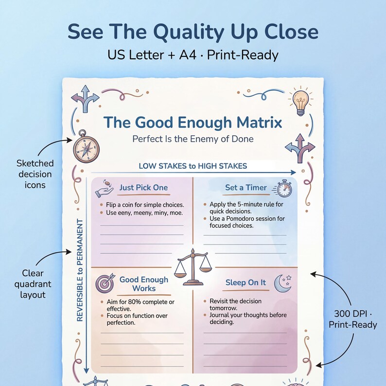 Close-up detail of ADHD Decision Fatigue Toolkit - 12-Page Choice Overload Workbook & Decision Making Planner (adhd decision making) showing Sketched decision-making motifs: crossroads/forking path icon, compass with needle, lightbulb with rays,...