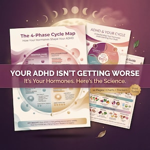 May include: A collection of educational charts and guides on ADHD and hormones. The main title reads "YOUR ADHD ISN'T GETTING WORSE. It's Your Hormones. Here's the Science." The charts include information on the 4-Phase Cycle Map and ADHD & Your Cycle.