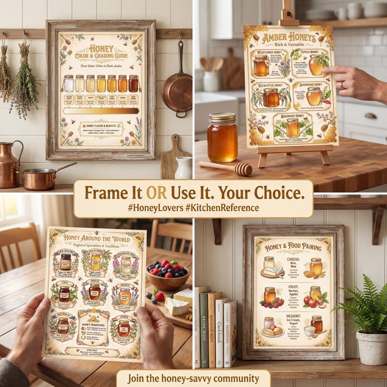 Instagram-style 2x2 collage showing honey charts in four lifestyle settings: kitchen counter reference, framed wall art, gift wrapping moment, and morning tea pairing scene with hashtags HoneyLovers KitchenReference