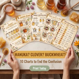 Honey Types Identification Chart showing 10 pages fanning out with USDA color grading, variety guides for Manuka Clover Buckwheat, and food pairing charts in warm farmhouse apiary aesthetic with cream background and honey gold accents