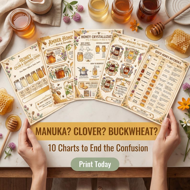 Honey Types Identification Chart showing 10 pages fanning out with USDA color grading, variety guides for Manuka Clover Buckwheat, and food pairing charts in warm farmhouse apiary aesthetic with cream background and honey gold accents