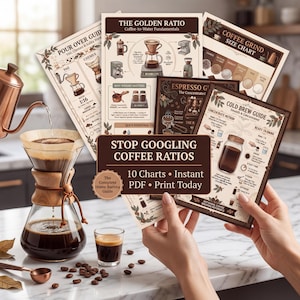 May include: A collection of coffee brewing guides and charts, including "The Golden Ratio" and "Cold Brew Guide." The guides feature illustrations and text, with a Chemex coffee maker and a glass of espresso in the foreground. The text reads "Stop Googling Coffee Ratios."