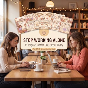 Puede incluir: Imagen de recursos imprimibles para el TDAH con el texto "STOP WORKING ALONE". Dos personas trabajan en portátiles en una mesa de madera en un café. Los recursos están ilustrados con gráficos coloridos.