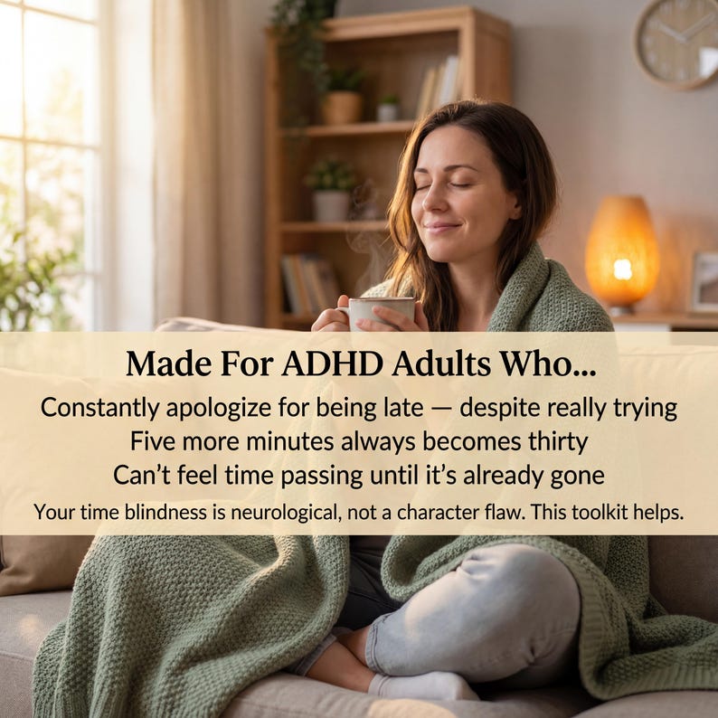 Woman wrapped in sage green blanket on cozy sofa holding warm mug with eyes closed and relieved smile with text overlay reading Made For ADHD Adults Who constantly apologize for being late five more minutes always becomes thirty and can't feel time p