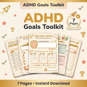 May include: ADHD Goals Toolkit with 7 pages available for instant download. The toolkit includes worksheets for weekly goals, task breakdowns, and goal focus. The design features rockets, stars, and trophy graphics in a warm color palette.