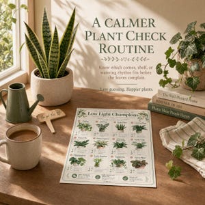 Calm windowsill still life with a low light plant chart page, coffee mug, snake plant, small watering can, plant label, and folded cloth.
