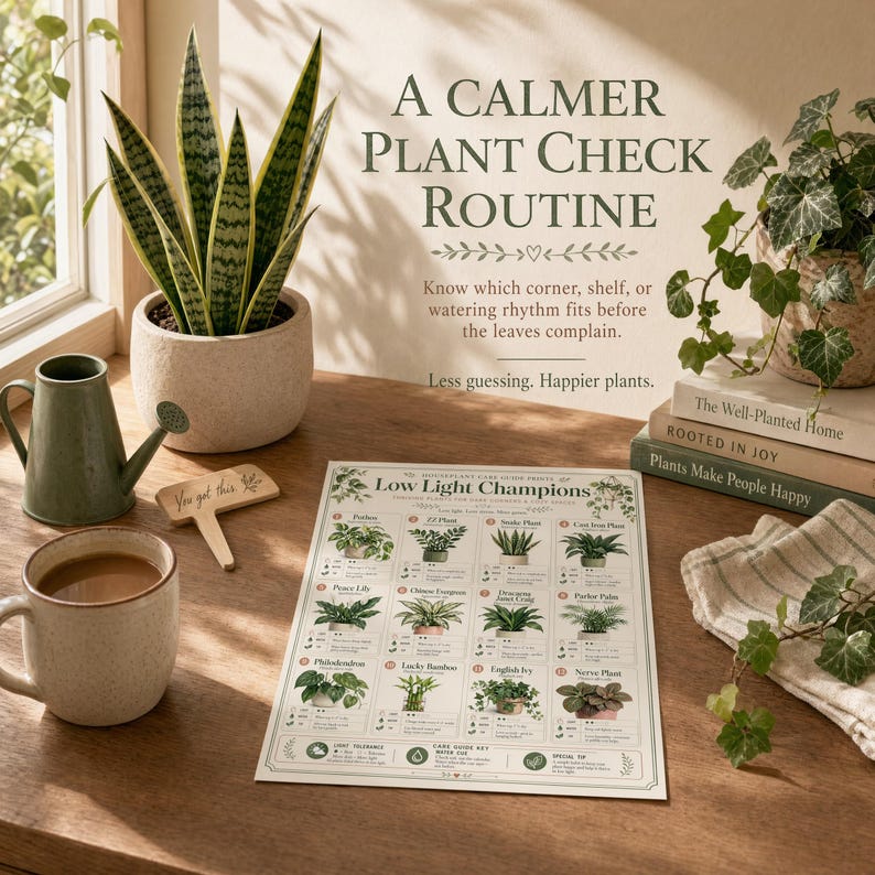 Calm windowsill still life with a low light plant chart page, coffee mug, snake plant, small watering can, plant label, and folded cloth.