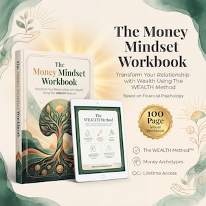 May include: A hardcover book and a tablet display "The Money Mindset Workbook." The book and tablet feature the text "Transform Your Relationship with Wealth Using The WEALTH Method." The tablet displays "The WEALTH Method" and "Money Archetypes Quiz."