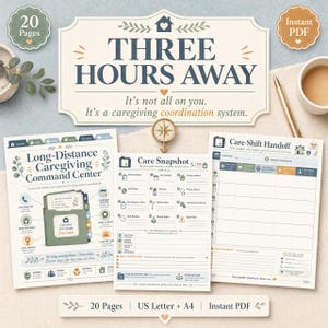 Könnte beinhalten: Ein druckbares Koordinationssystem für die Pflege mit dem Text "THREE HOURS AWAY". Das System umfasst ein "Long-Distance Caregiving Command Center", einen "Care Snapshot" und ein "Care-Shift Handoff"-Formular. Das Design ist in sanften Farben mit dekorativen Elementen gehalten.