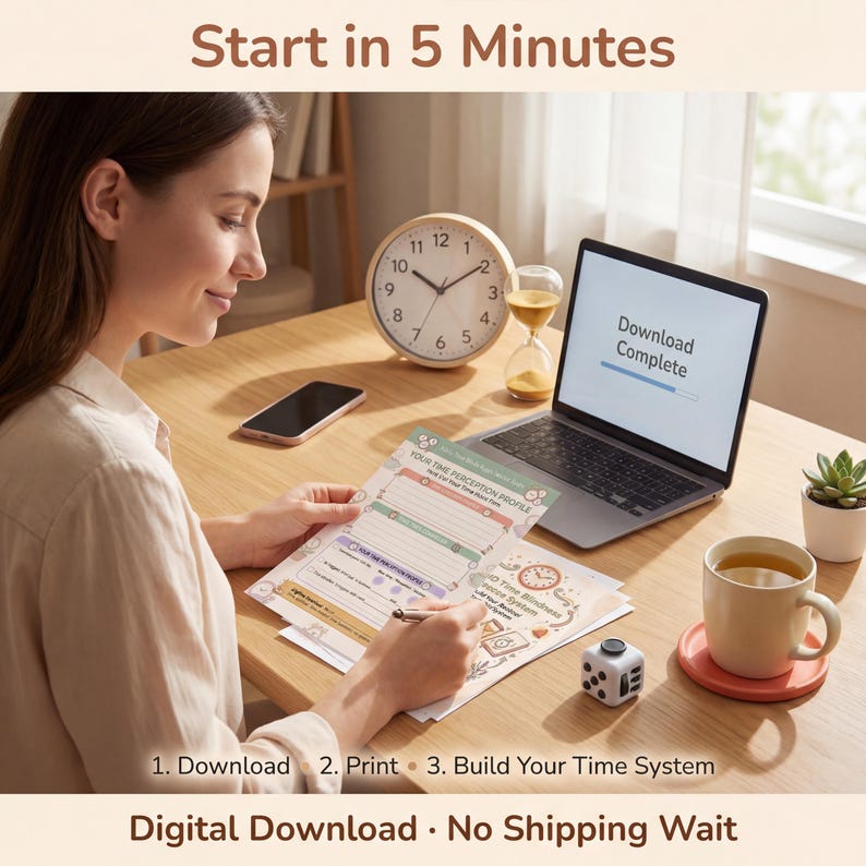 Woman sitting at wooden desk with pen in hand filling in ADHD time blindness toolkit worksheet with laptop showing Download Complete and thematic props including wall clock hourglass tea on coral coaster fidget cube and phone face down with three ste
