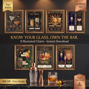 Op de afbeelding: Een set van acht ingelijste kunstprints met cocktailillustraties. De gouden lijsten bevatten afbeeldingen van verschillende soorten cocktails, met teksten als "Elegant Stems" en "Tall Mixers". De set heet "Know Your Glass. Own The Bar".