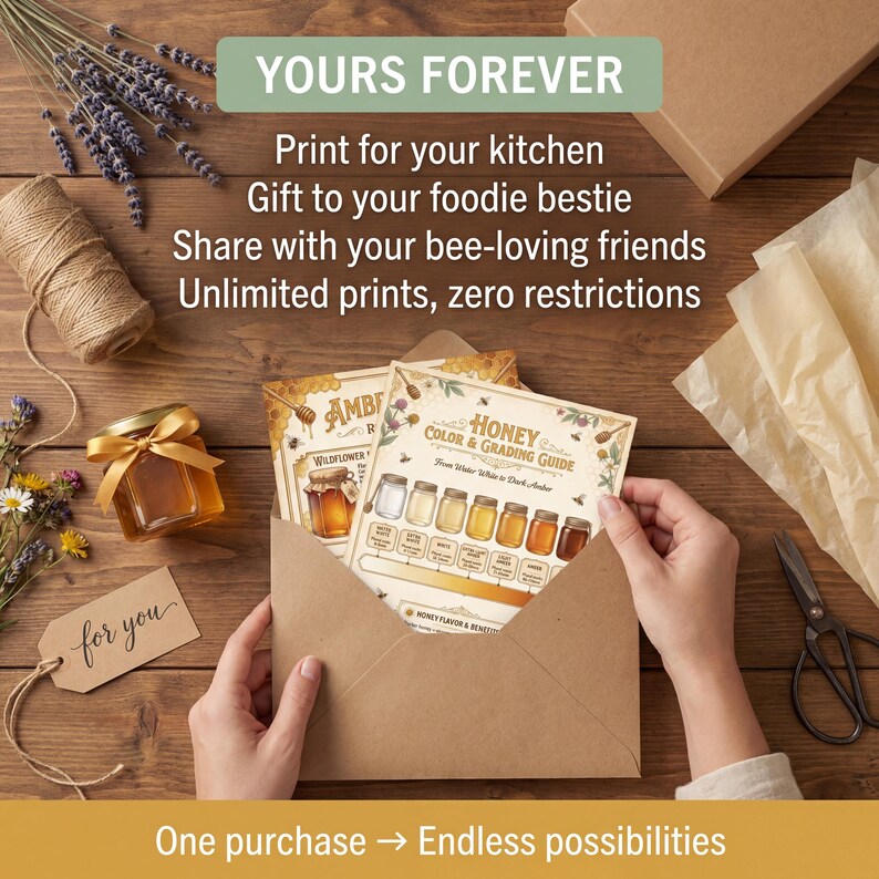 Hands gift wrapping honey chart bundle with kraft paper and twine, perfect beekeeper gift or kitchen warming present, showing personal use license for unlimited printing