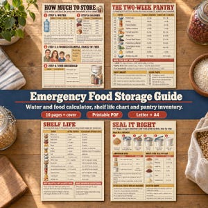 Op de afbeelding: Een noodvoedselopslaggids gedrukt op vier afzonderlijke vellen papier. De documenten bevatten tabellen, grafieken en instructieve teksten met de titels How Much to Store, The Two-Week Pantry, Shelf Life en Seal It Right met voedseliconen.
