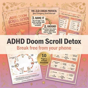 Puede incluir: Kit de herramientas ADHD Doom Scroll Detox con 10 páginas, diseñado para ayudar a liberarse de la adicción al teléfono. Incluye un protocolo de descanso 3-2-1 y un mapa de activación de desplazamiento. El texto dice "Libérate de tu teléfono."