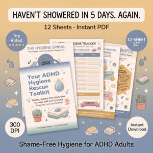 Pode incluir: Um conjunto de download digital de 12 folhas imprimíveis para adultos com TDAH, oferecendo estratégias de higiene sem vergonha. A imagem apresenta uma capa de kit de ferramentas, um rastreador de higiene e outros guias, com texto.