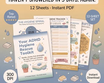 Kit de rescate de higiene para TDAH / Cuaderno de trabajo en espiral para la ducha de 12 hojas / Sensorial + Función ejecutiva / Imprimible / Digital