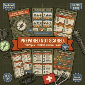 May include: A tactical survival guide with the text "PREPARED NOT SCARED." The guide includes a compass, first aid kit, and threat assessment overview. It also features a 60-second grab-and-go guide and a first aid decision tree. The guide is 110 pages.
