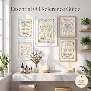 Guide för eteriska oljor | 5 referenstabeller | Säkerhet vid utspädning och blandning | Väggkonst för aromaterapi | Digital nedladdning | Utskrivbar